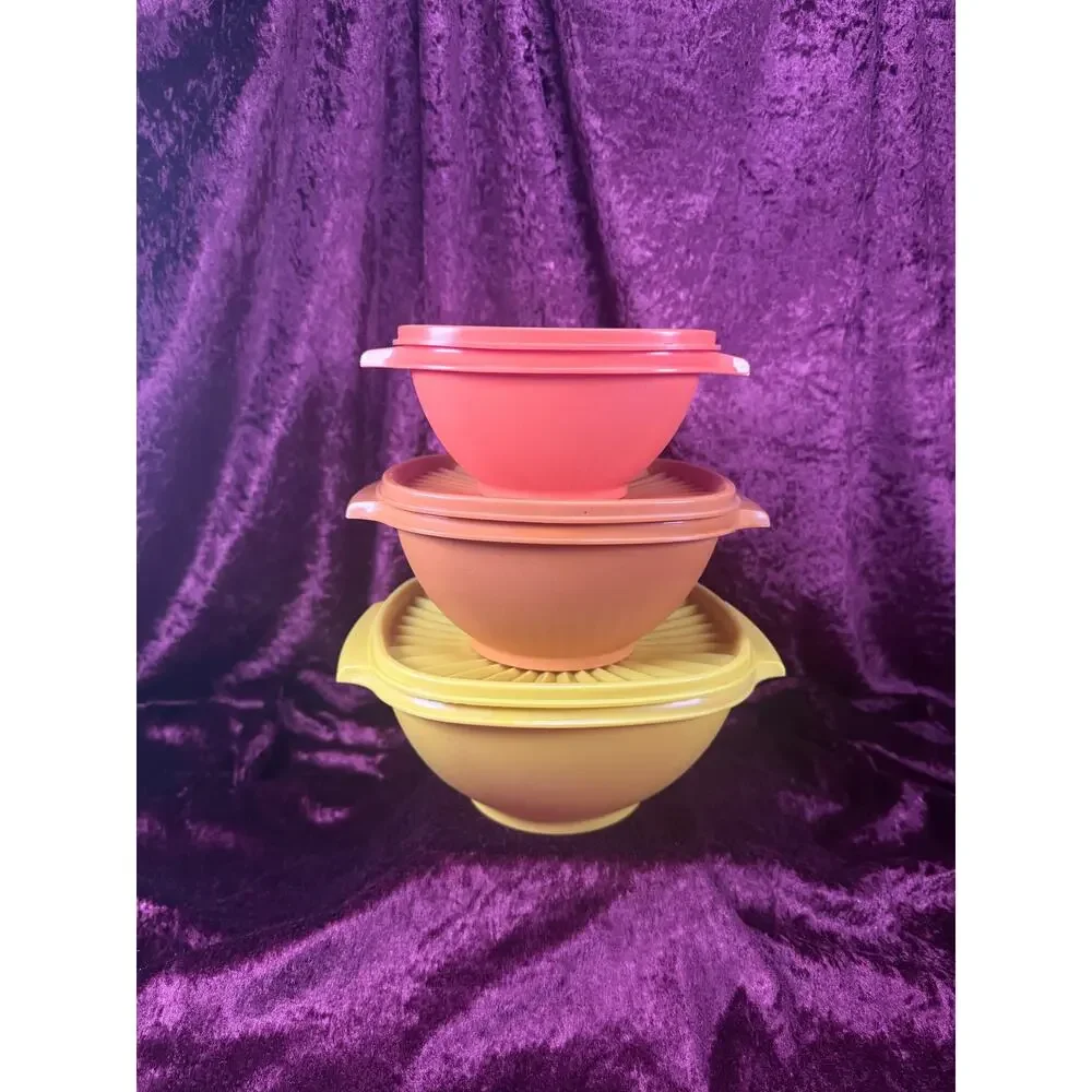 Vintage Tupperware Plastic Servalier Bowl Set – Harvest Colors Sunburst Lids